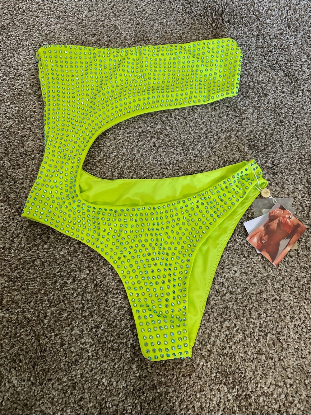 Oh Polly Embellished Acid Lime Green Cutout Swimsuit - Picture 3 of 6